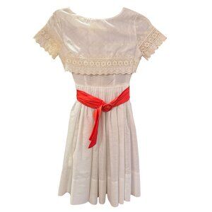 Vintage White Lace Dress w/ Red Sash Handmade Cottagecore Fit & Flare Size XS/S